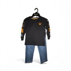 NWT Kids True Religion Black Long Sleeve‎ Shirt & Blue Denim Jeans Set Size S 4